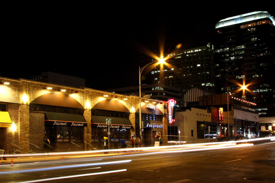 Austin warehouse and industrial district buildings at night